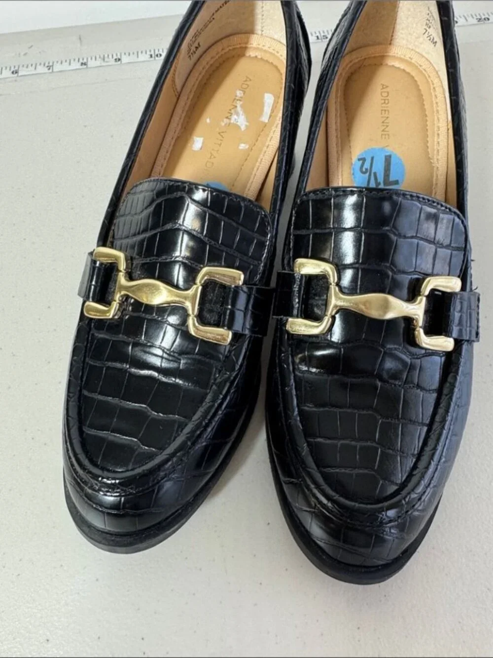 Adrienne Vittadini Croc Embossed Loafers Black 7.5 Gold Bit Classic Chic Preppy